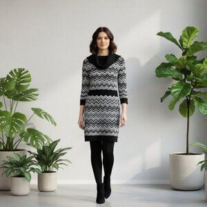 Bebe Cowl Neck  with Lurex Black and White Zig Zag Long Sleeve Dress
